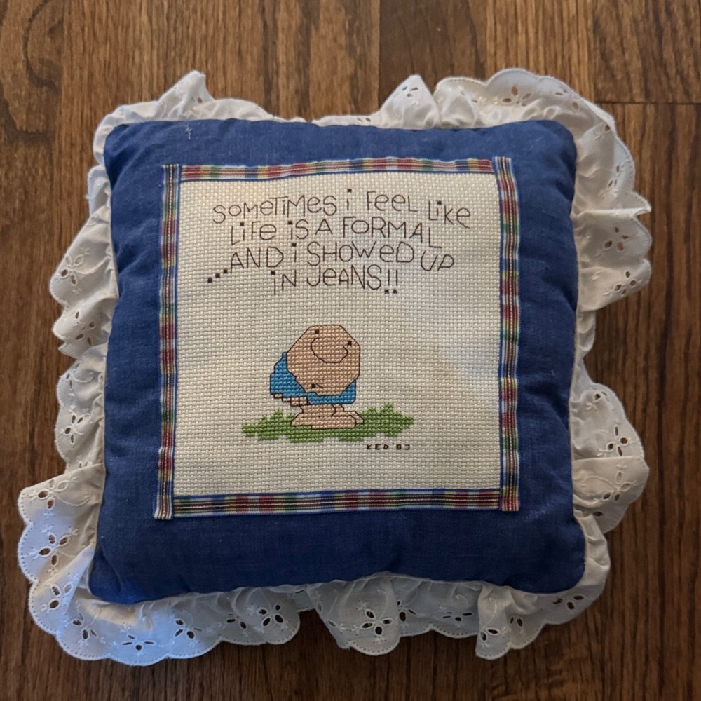 Ziggy Handmade Cross-Stitch Decorative Pillow with Blue Border 1983